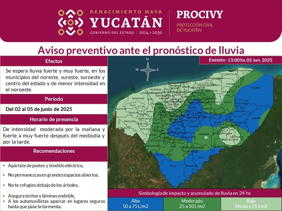  Lluvias fuertes impactarán Yucatán del 2 al 5 de junio por paso de onda tropical