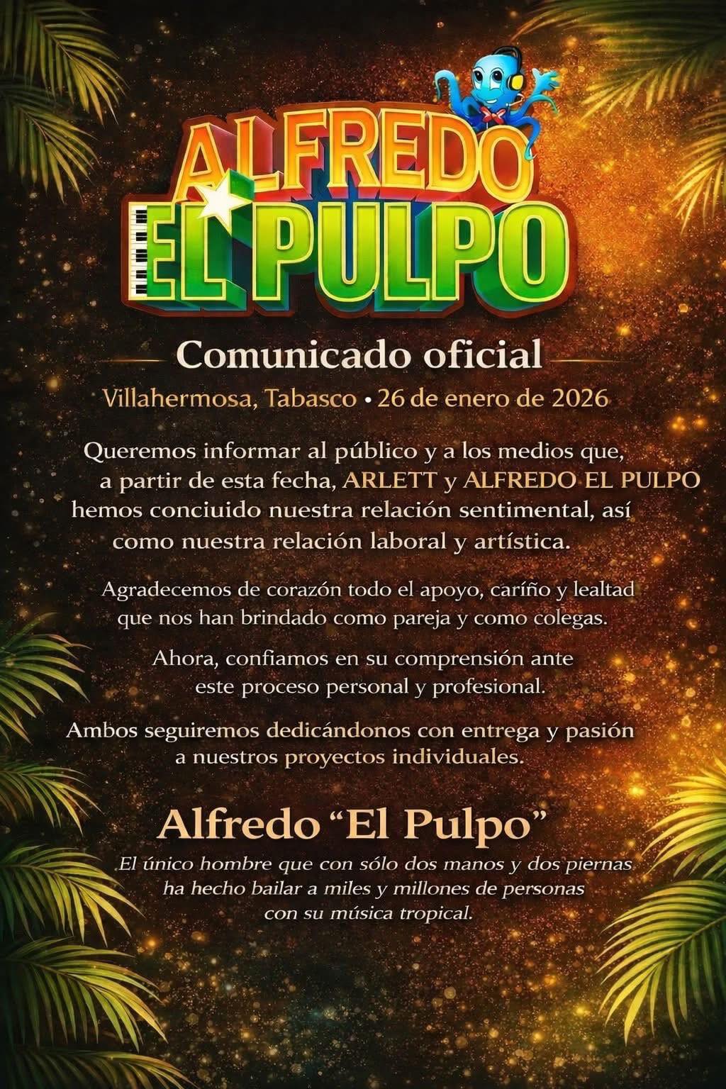 Se acaba el ritmo en pareja: Alfredo “El Pulpo” y Arlett anuncian su separación