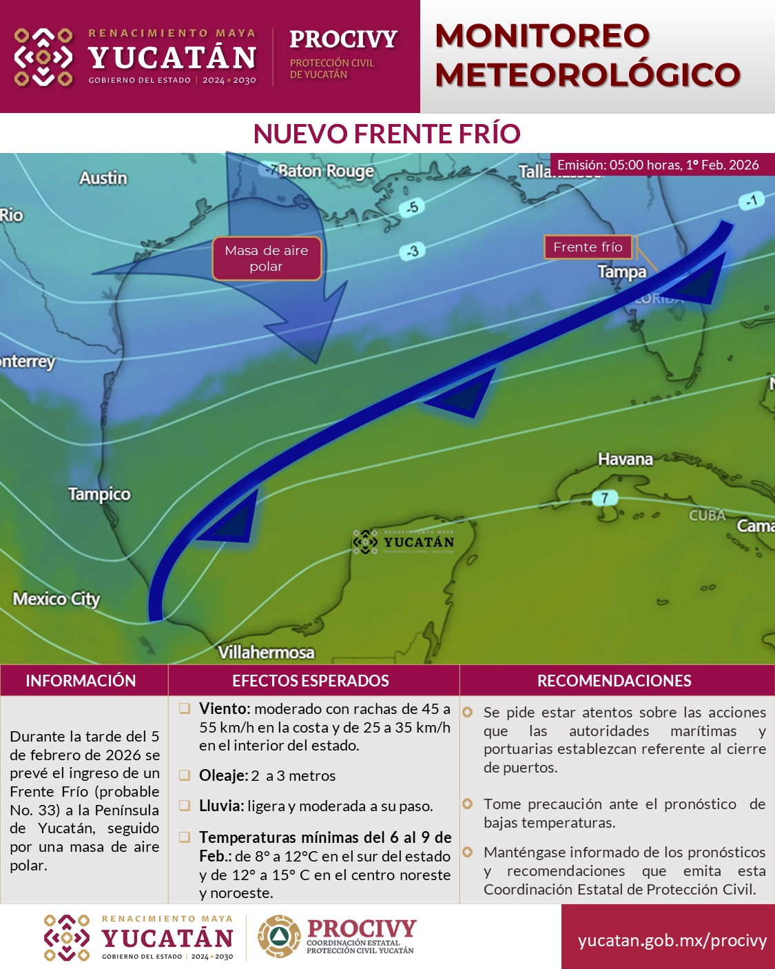Frente frío y aire polar traerán días fríos a Yucatán