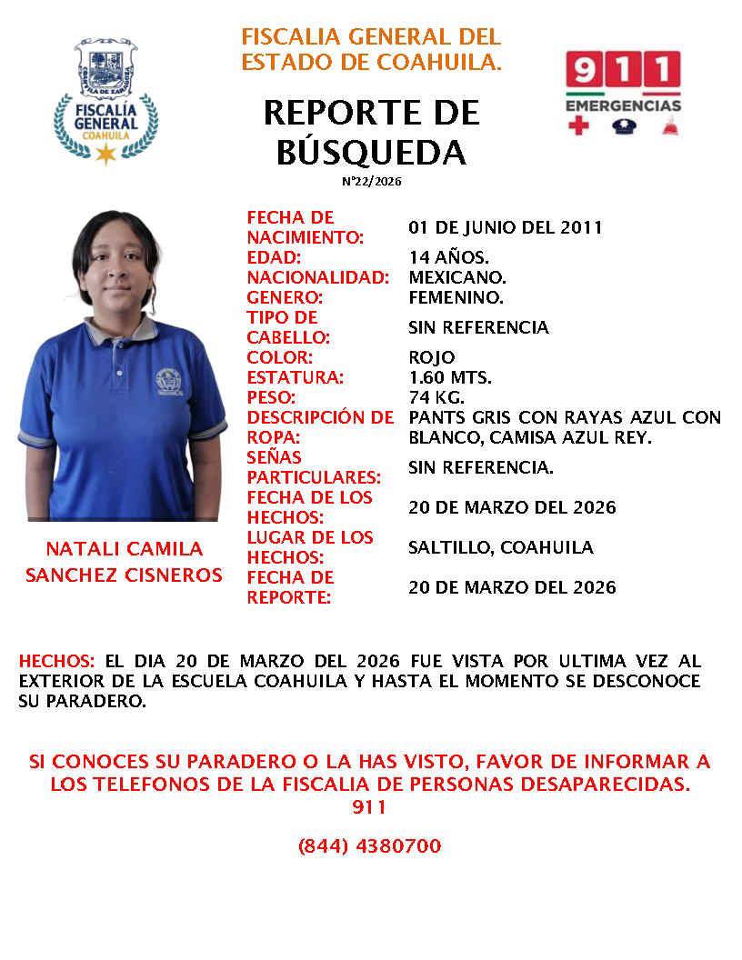 Buscan a adolescente desaparecida tras salir de su escuela en Saltillo