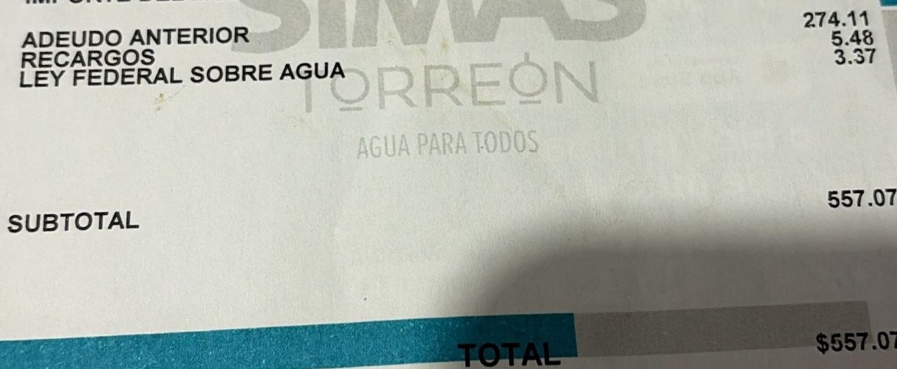 Simas Torreón agrega cobro de ‘Ley de Aguas’ a recibos; no aparece en Ley General de Ingresos